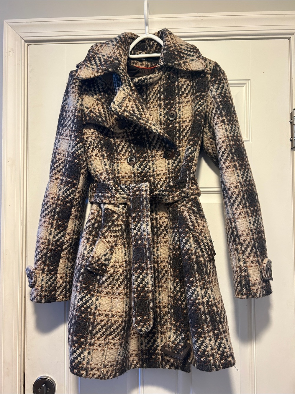 Womens Plaid Trench Coat - Brown & Cream